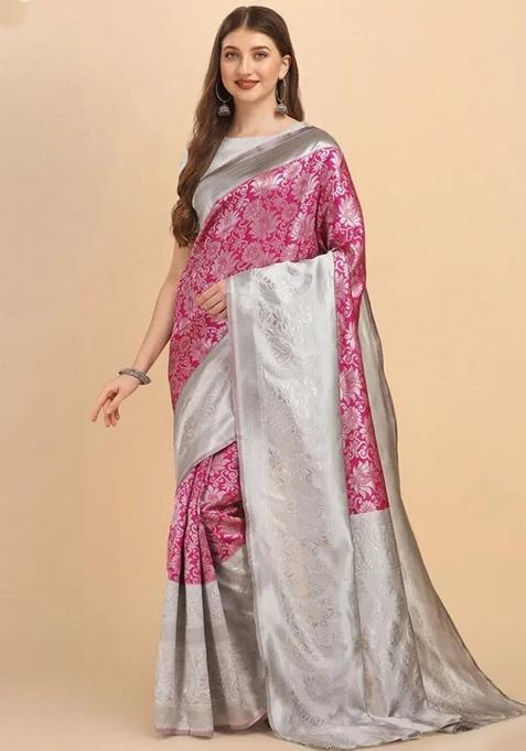 Pink Printed Silk Saree