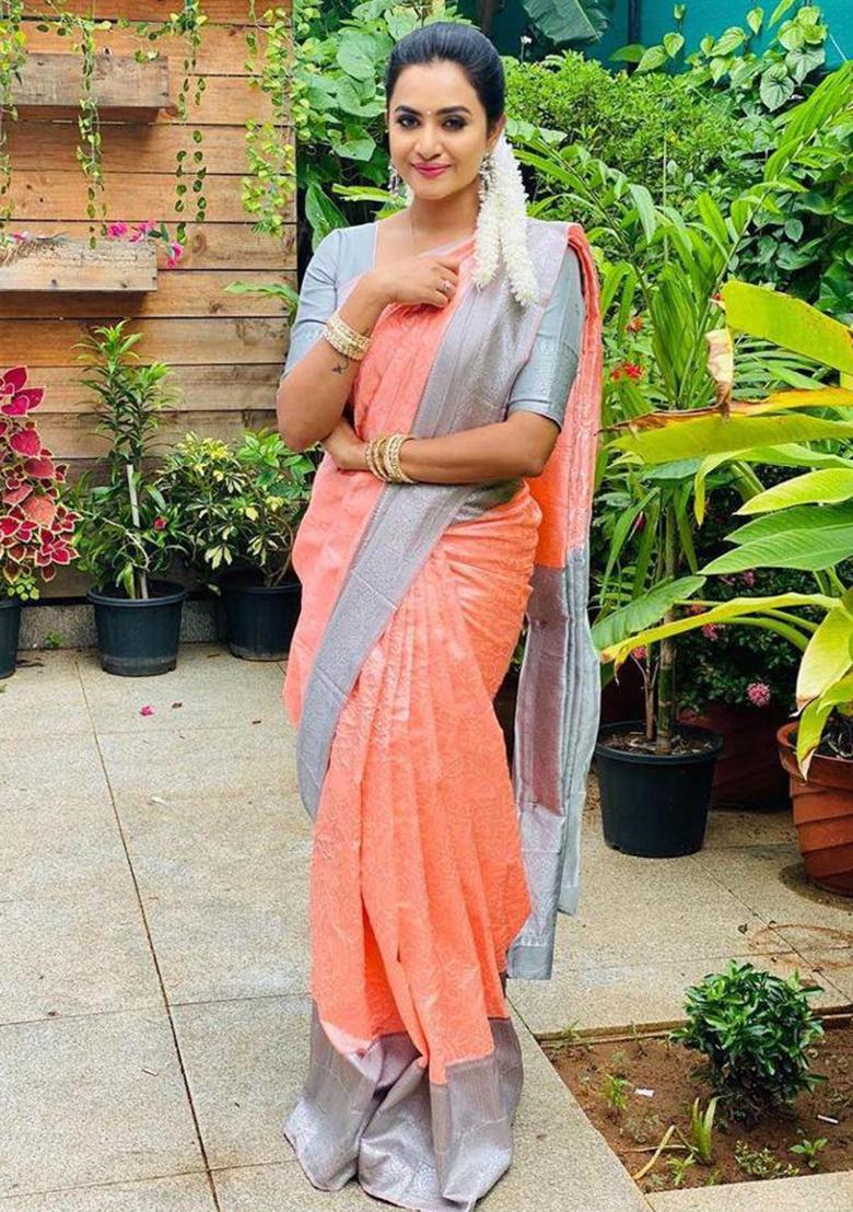 Peach Printed Silk Saree