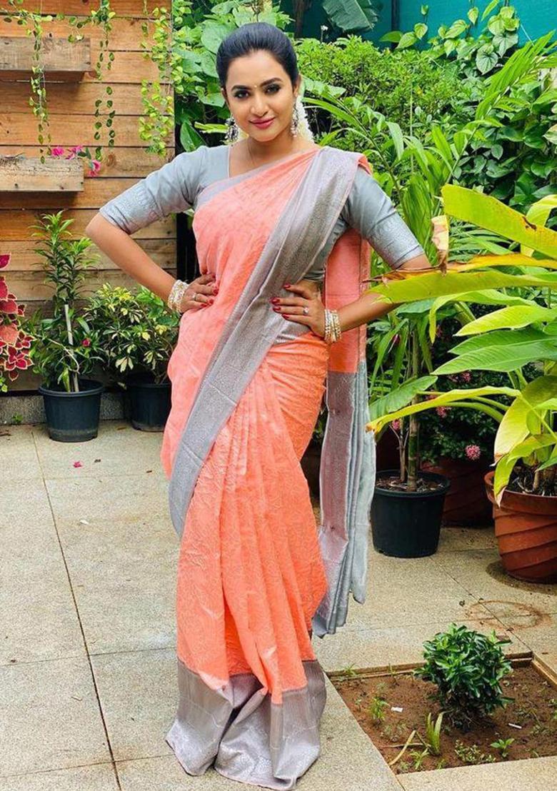 Peach Printed Silk Saree