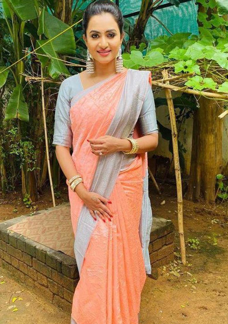 Peach Printed Silk Saree