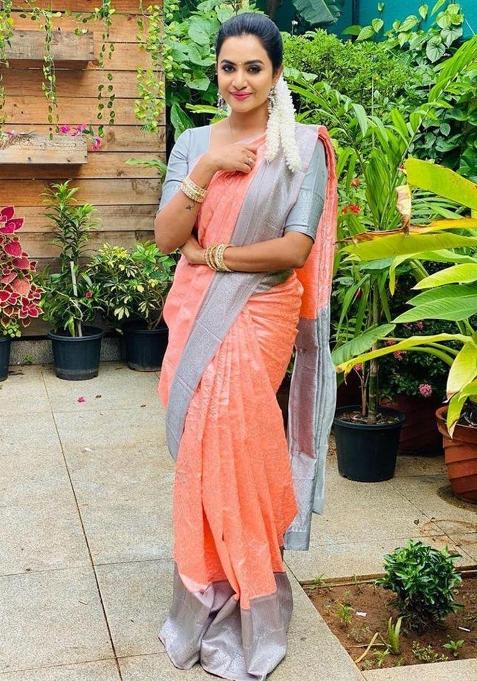 Peach Printed Silk Saree