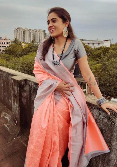 Peach Printed Silk Saree