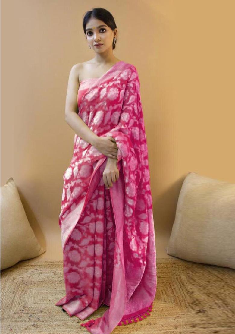 Pink Printed Silk Saree