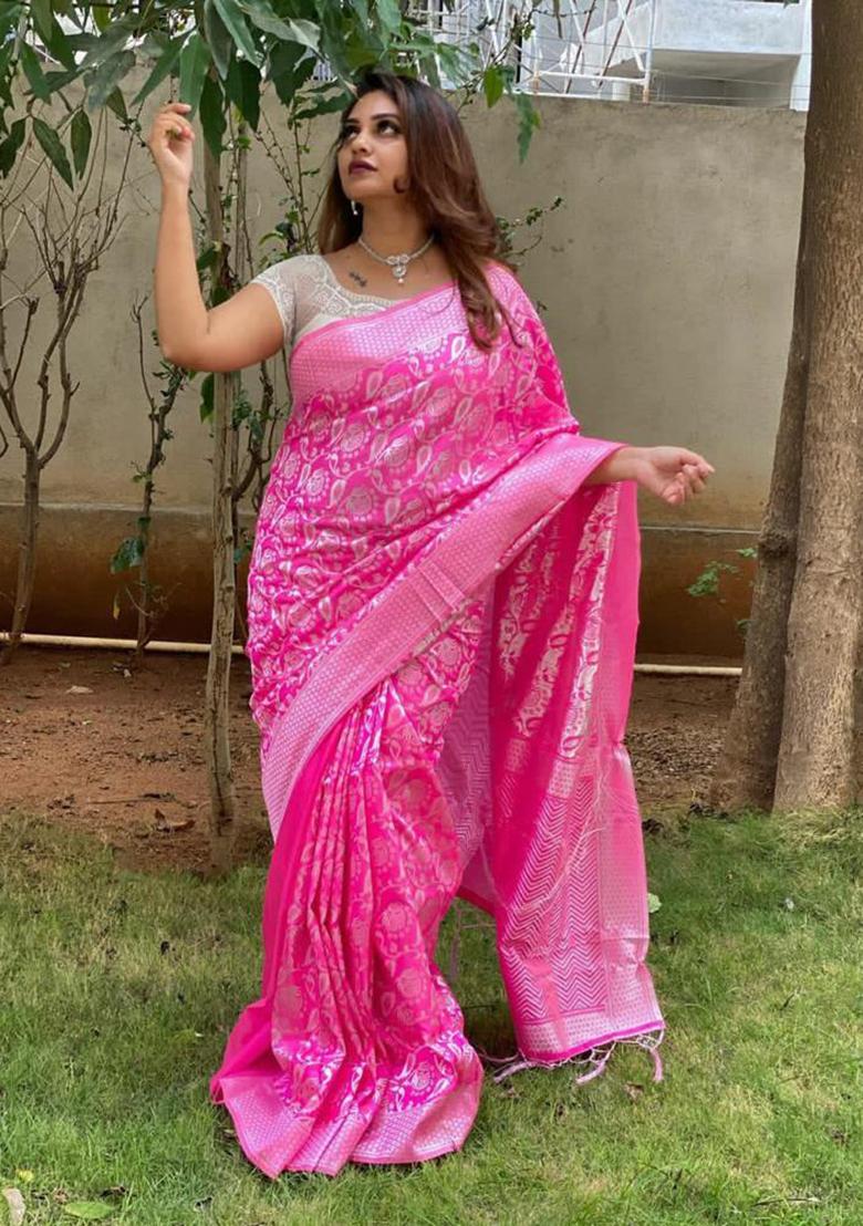Pink Printed Silk Saree