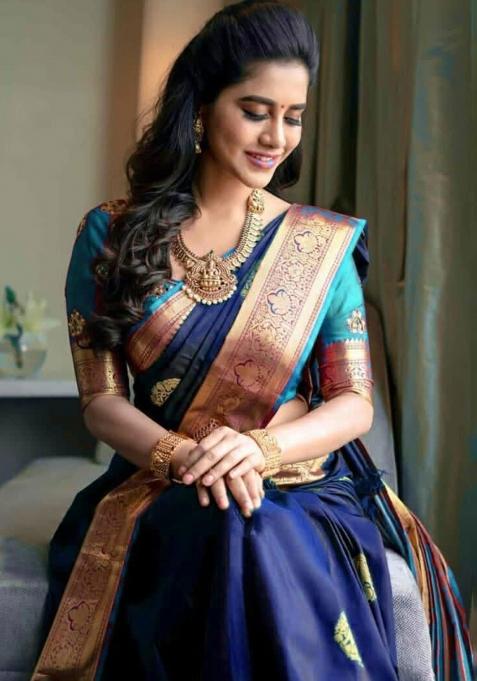 Blue Printed Silk Saree