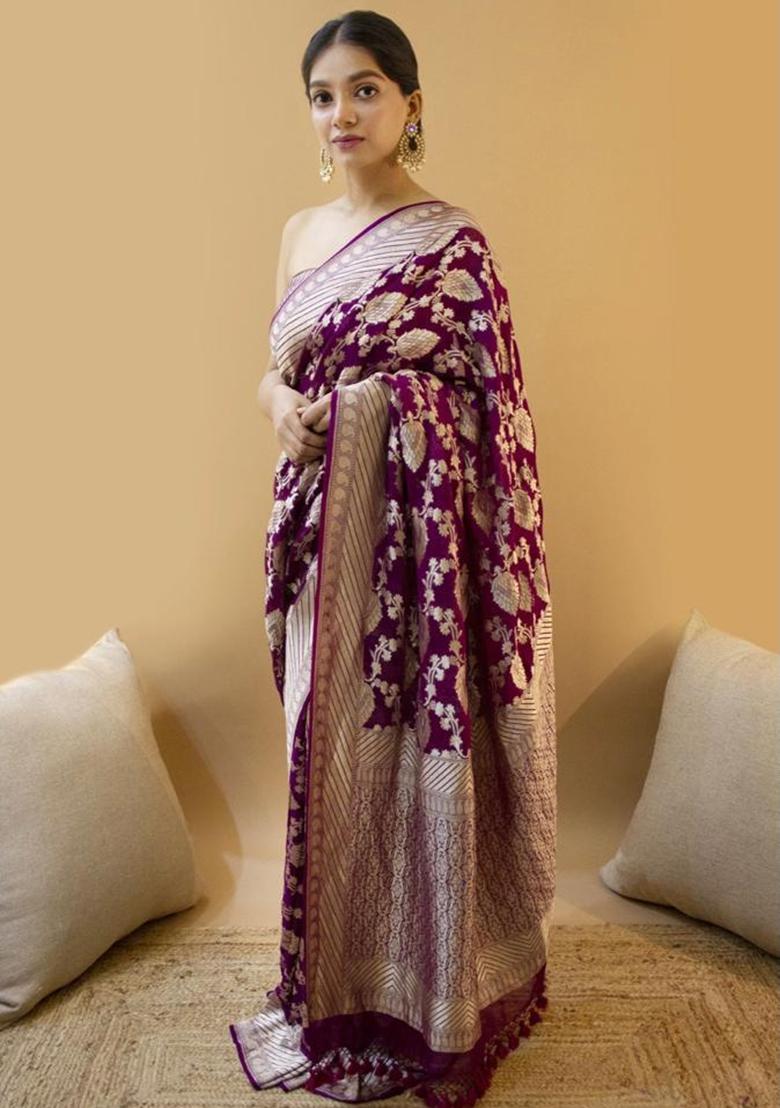 Wine Printed Silk Saree