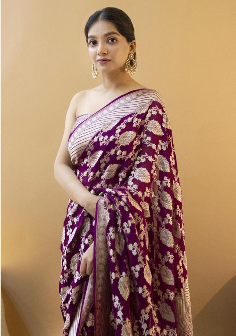 Wine Printed Silk Saree