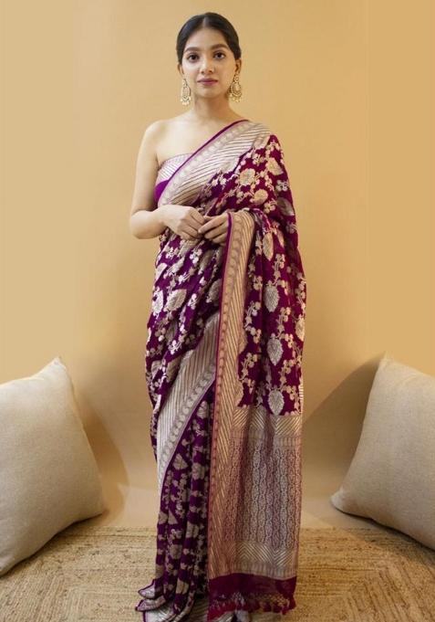 Wine Printed Silk Saree