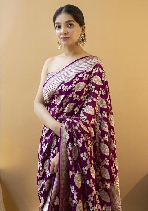 Wine Printed Silk Saree