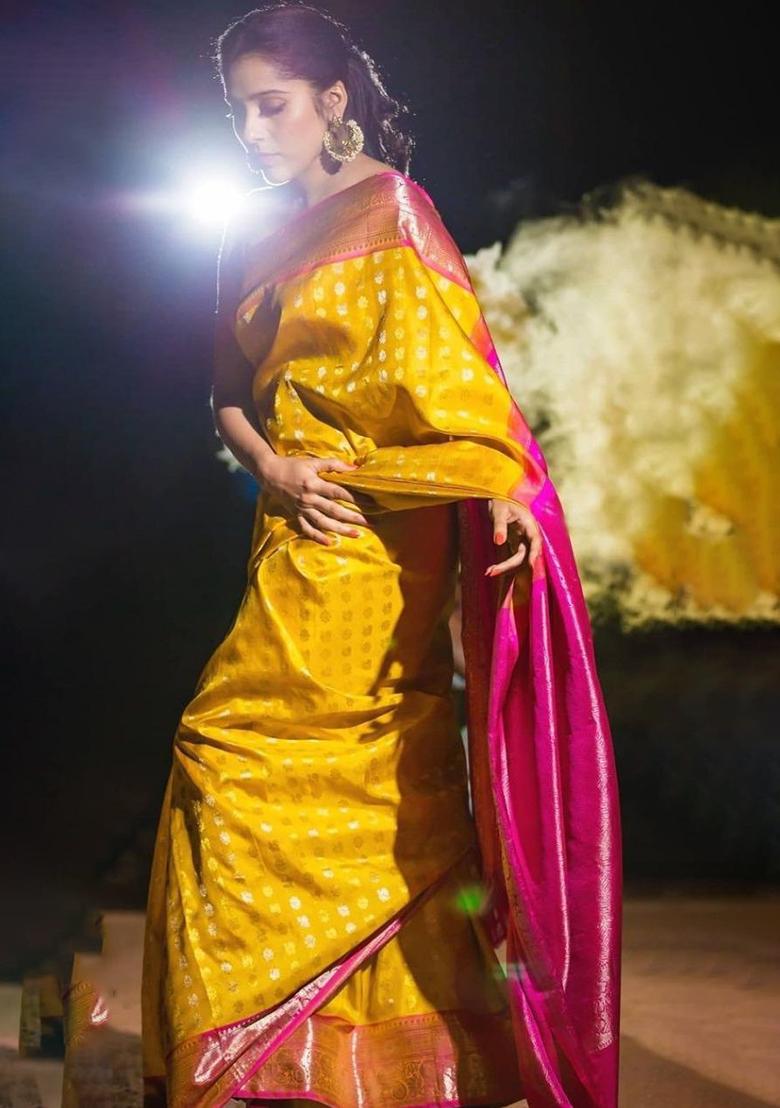 Yellow Printed Silk Saree