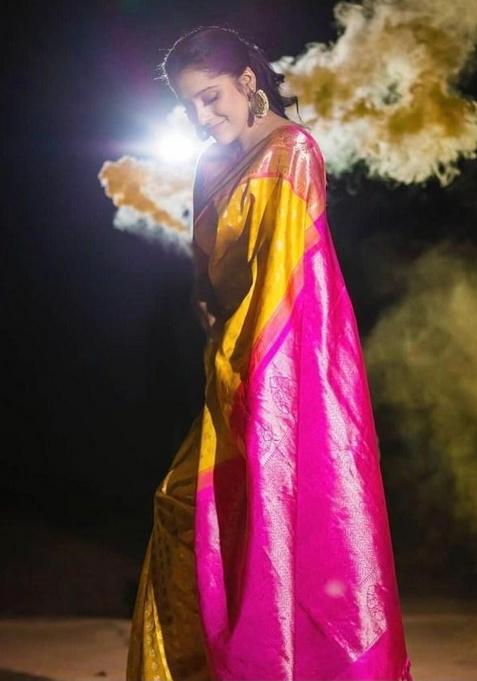 Yellow Printed Silk Saree