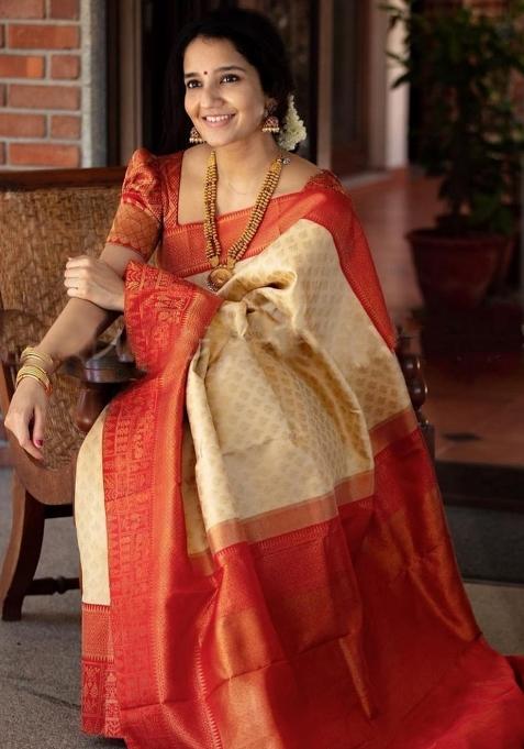 Off White Printed Silk Saree