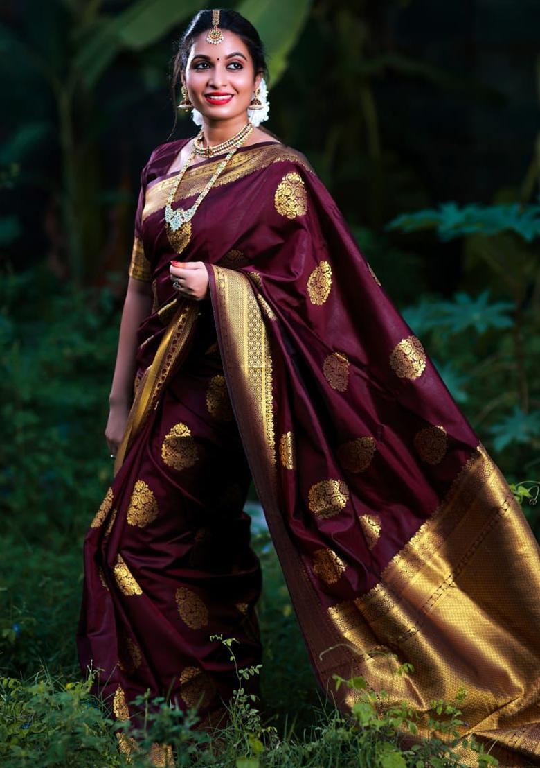 Wine Printed Silk Saree