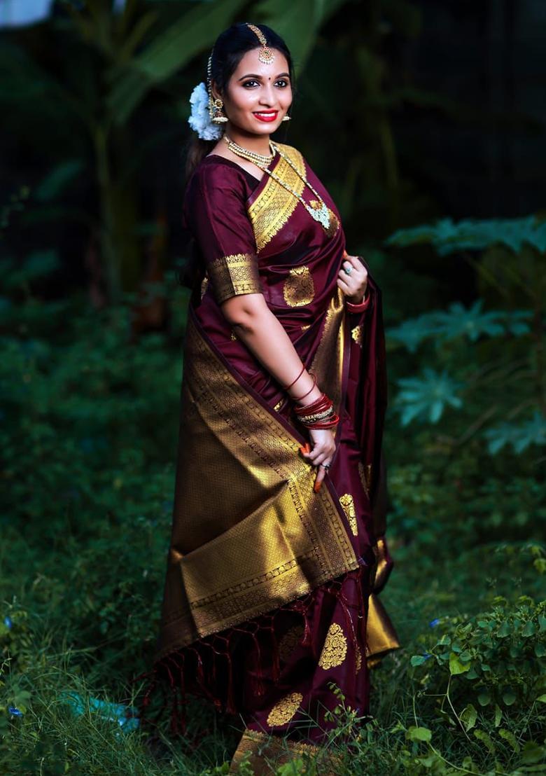 Wine Printed Silk Saree