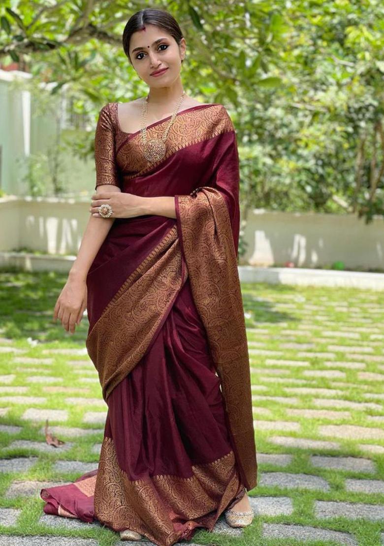 Wine Printed Silk Saree