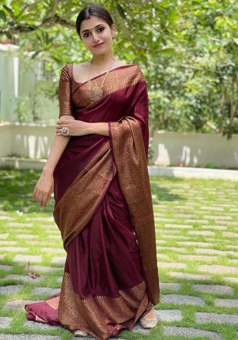 Wine Printed Silk Saree