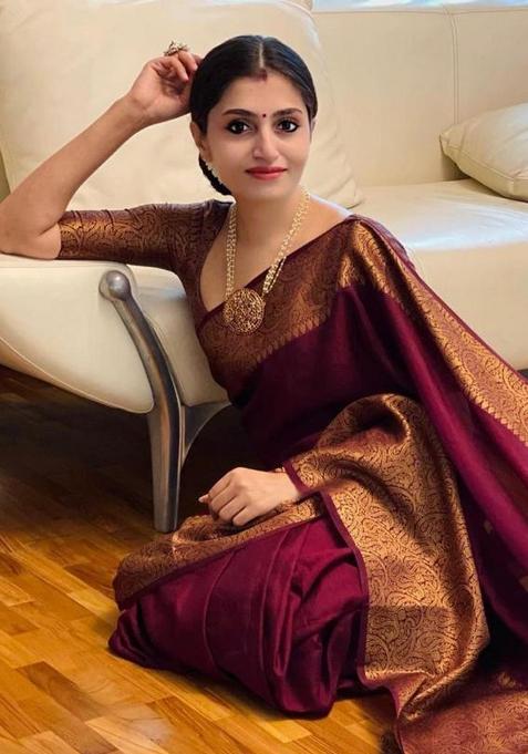 Wine Printed Silk Saree