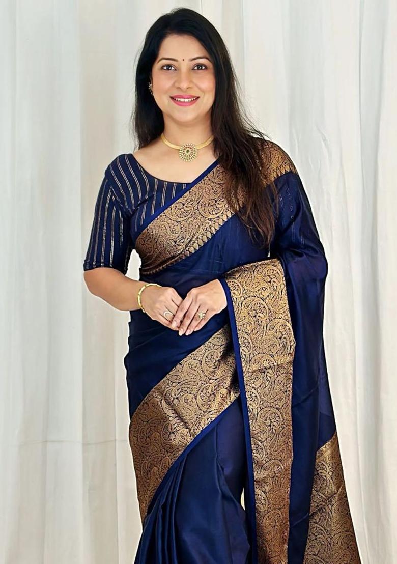 Navy Blue Printed Silk Saree