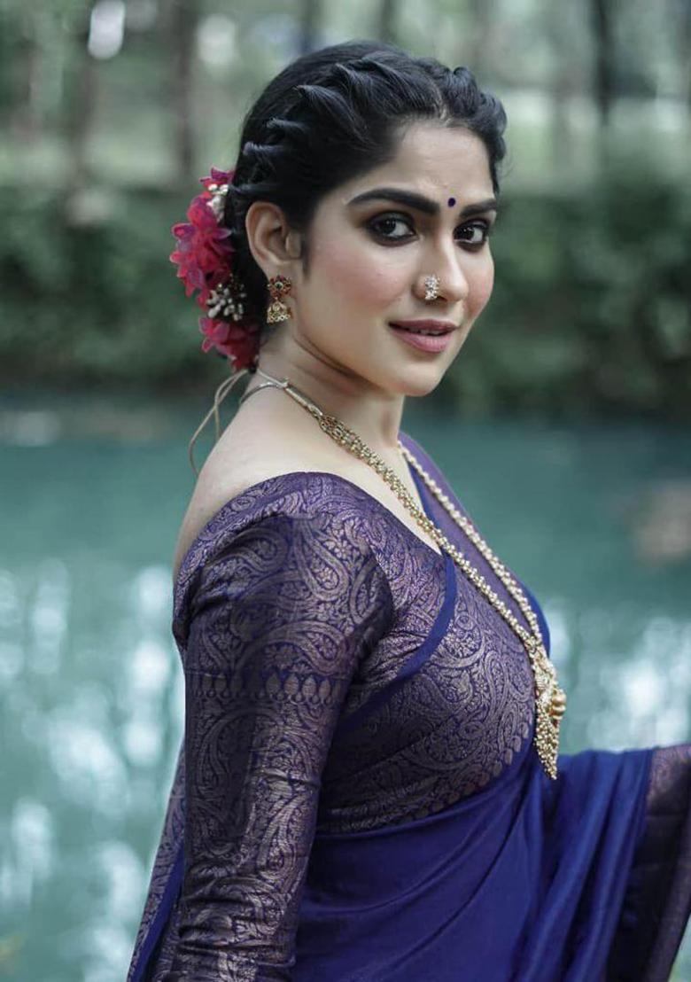 Navy Blue Printed Silk Saree