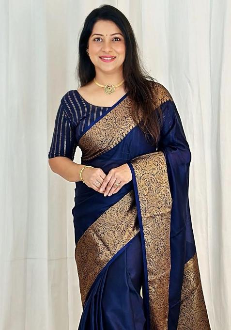 Navy Blue Printed Silk Saree