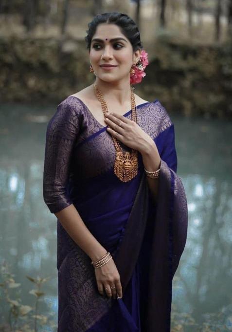 Navy Blue Printed Silk Saree