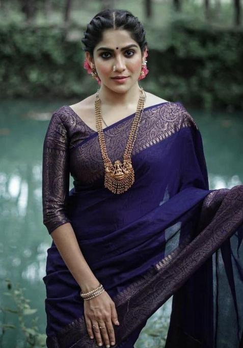 Navy Blue Printed Silk Saree