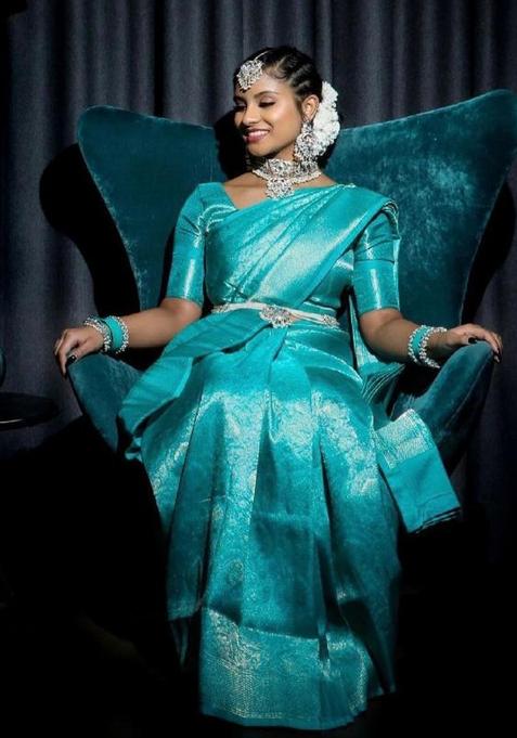 Turquoise Printed Silk Saree