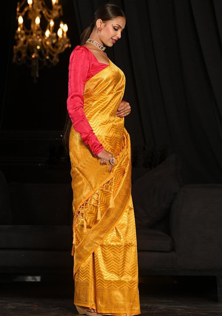 Yellow Printed Silk Saree