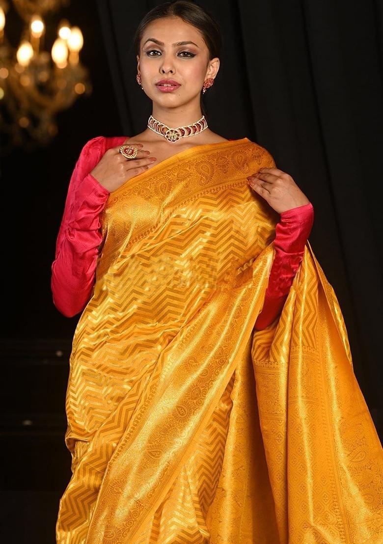 Yellow Printed Silk Saree