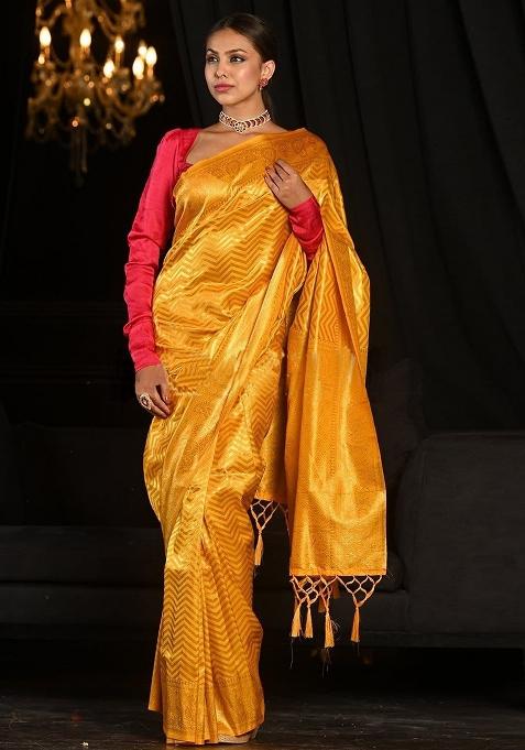 Yellow Printed Silk Saree