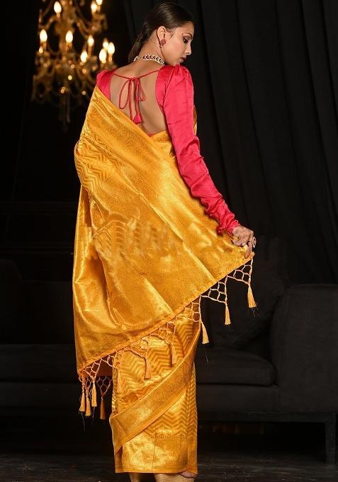 Yellow Printed Silk Saree