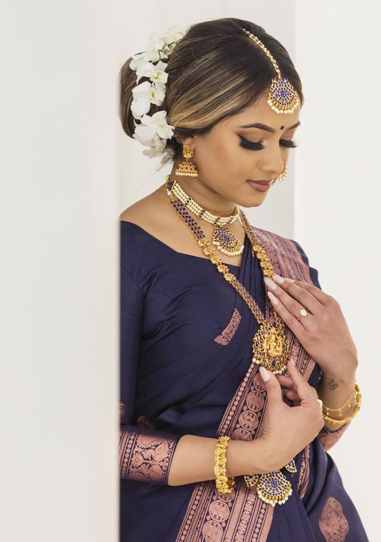 Navy Blue Printed Silk Saree