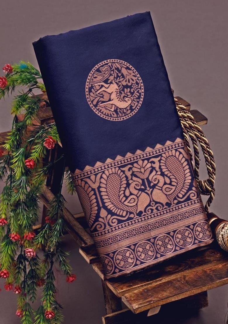 Navy Blue Printed Silk Saree
