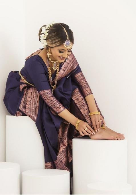 Navy Blue Printed Silk Saree