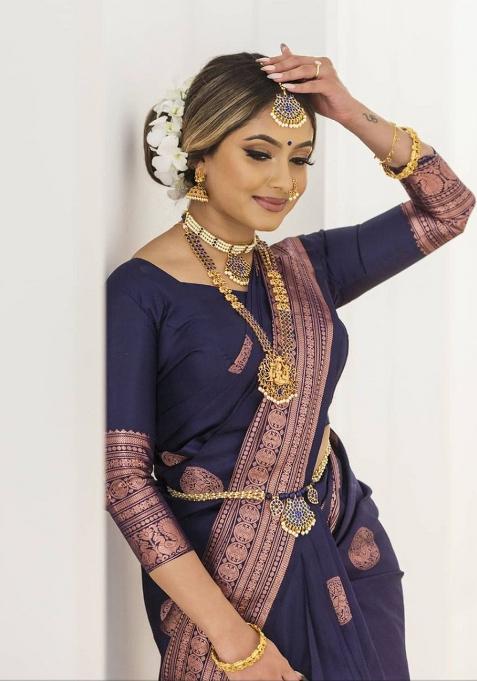 Navy Blue Printed Silk Saree