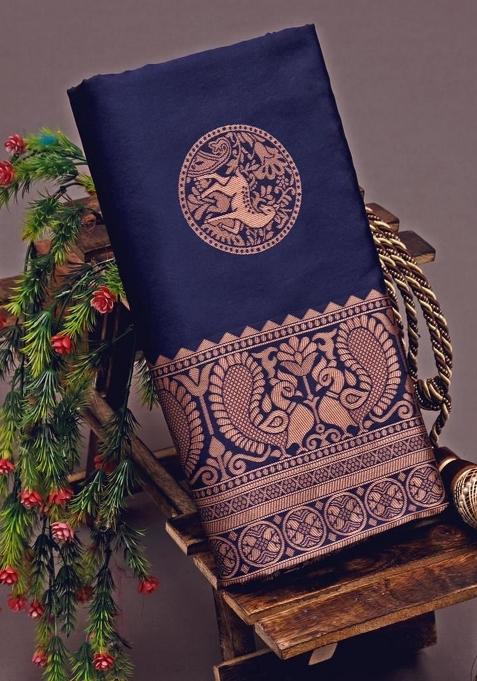 Navy Blue Printed Silk Saree