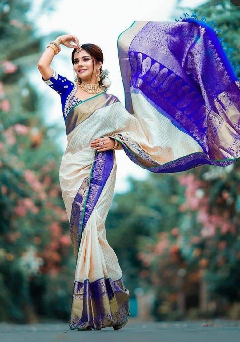 Cream Printed Silk Saree