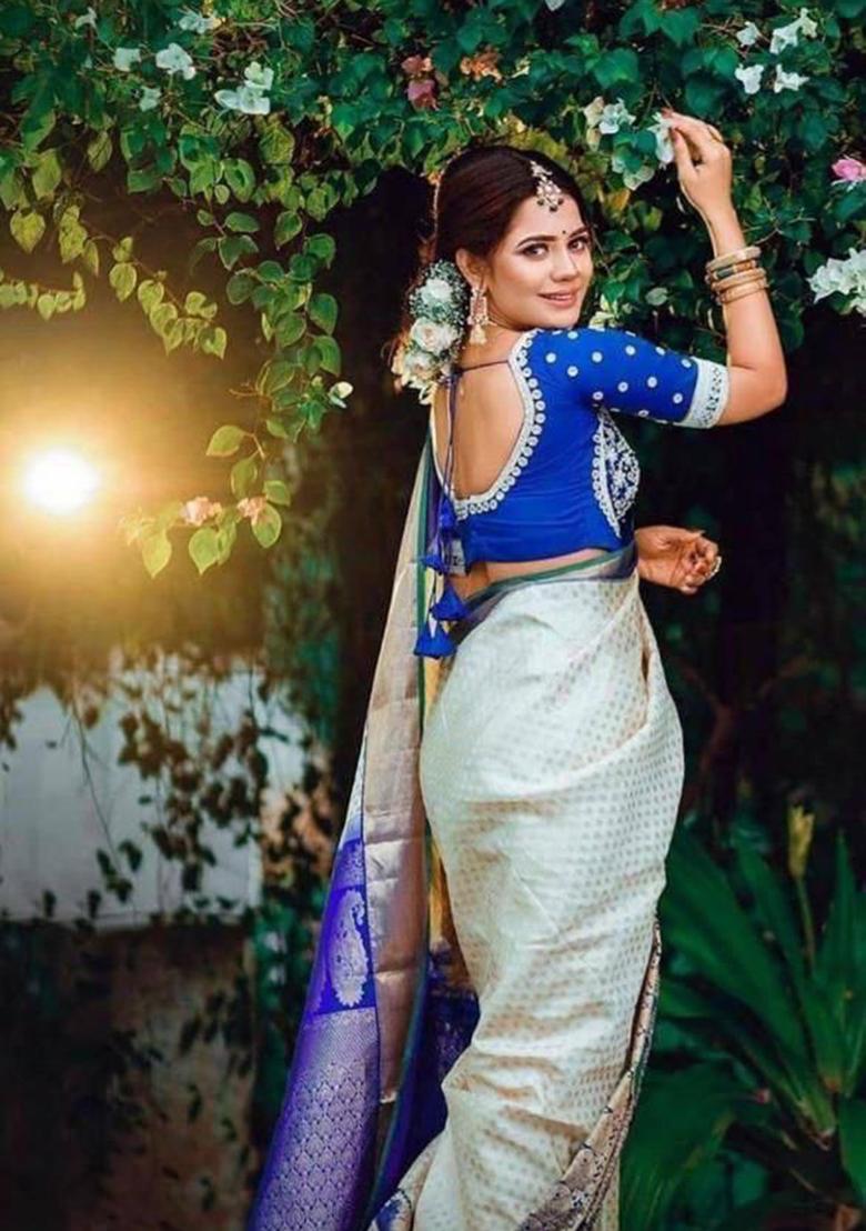 Cream Printed Silk Saree