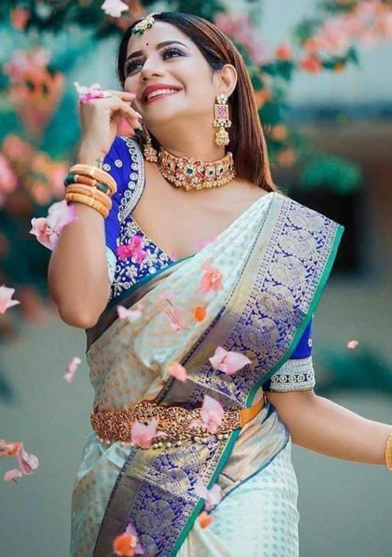 Cream Printed Silk Saree