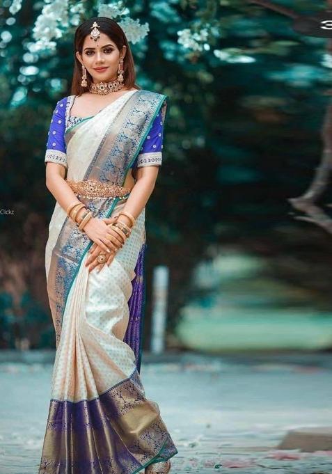 Cream Printed Silk Saree