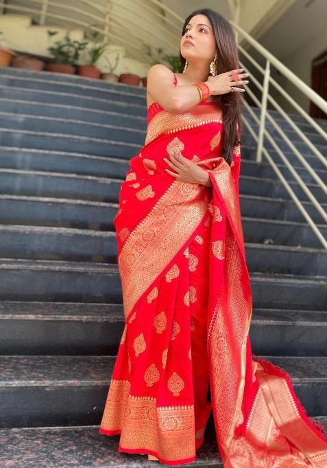 Red Printed Silk Saree