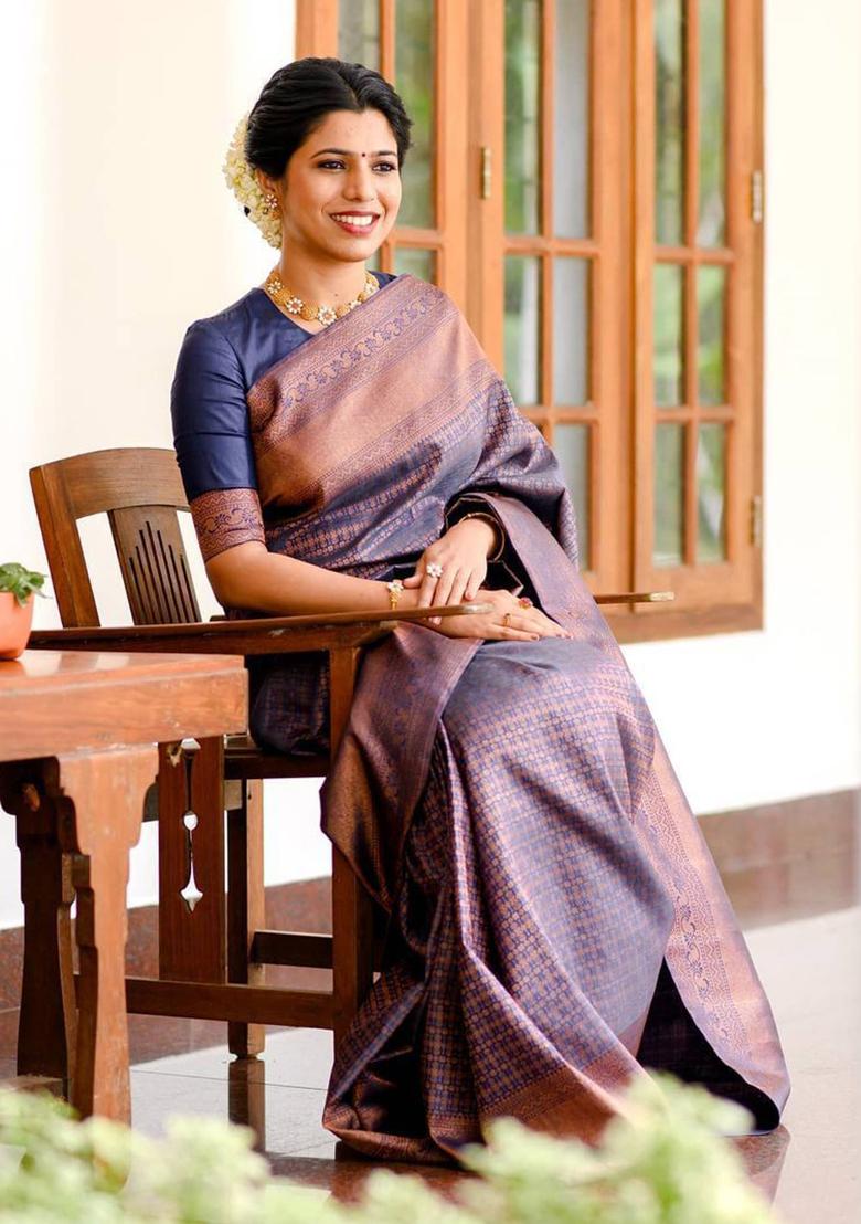 Navy Blue Printed Silk Saree