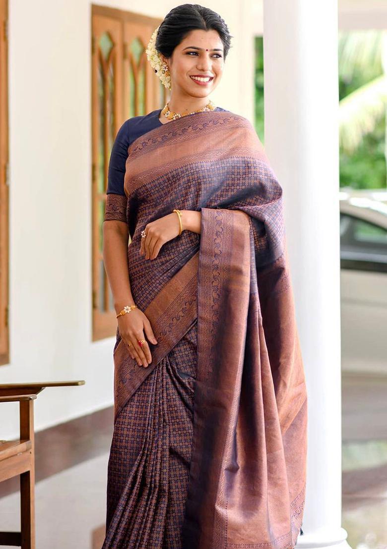 Navy Blue Printed Silk Saree