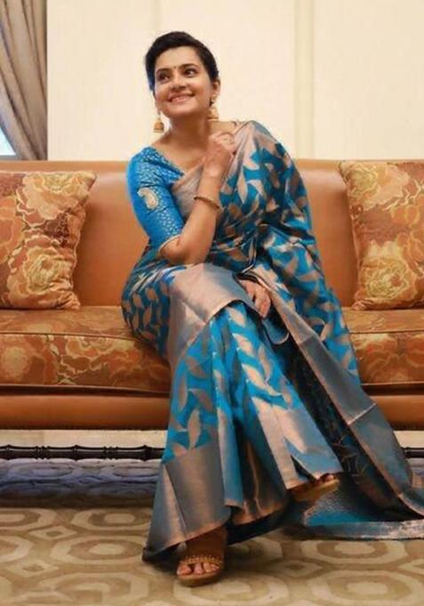 Blue Printed Silk Saree