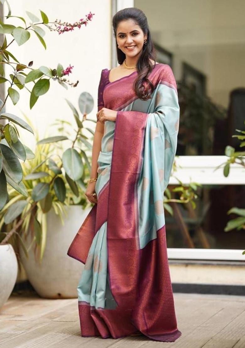 Sky Blue Printed Silk Saree