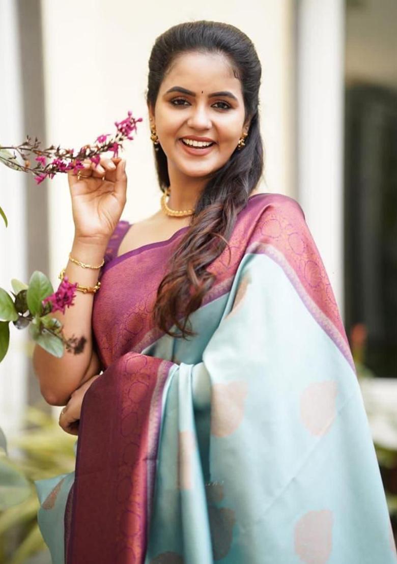 Sky Blue Printed Silk Saree