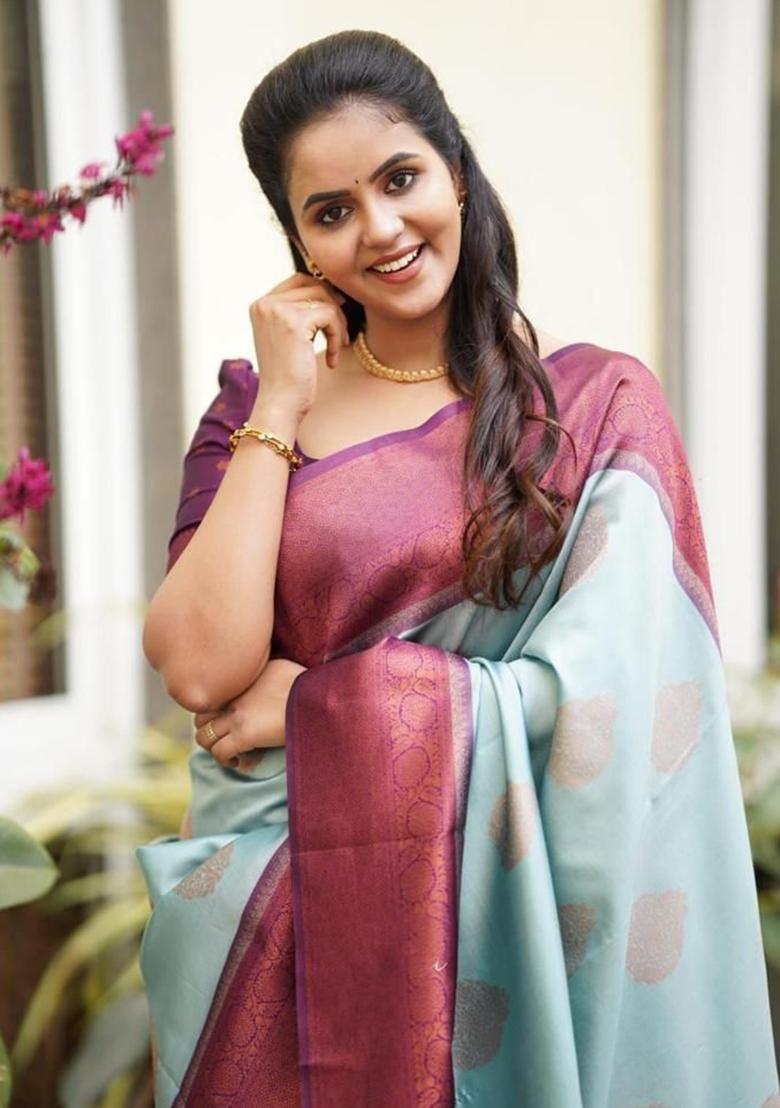 Sky Blue Printed Silk Saree