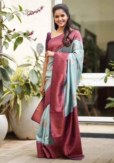 Sky Blue Printed Silk Saree
