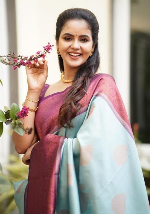 Sky Blue Printed Silk Saree