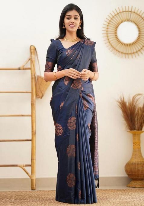 Blue Printed Silk Saree
